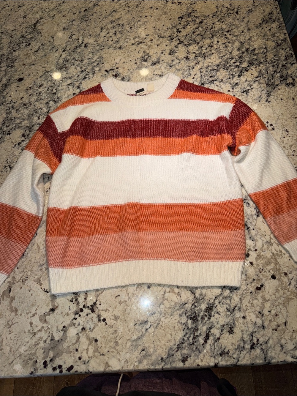 Roxy Women's Striped Crewneck Sweater in White, Burgundy and Orange Tones
